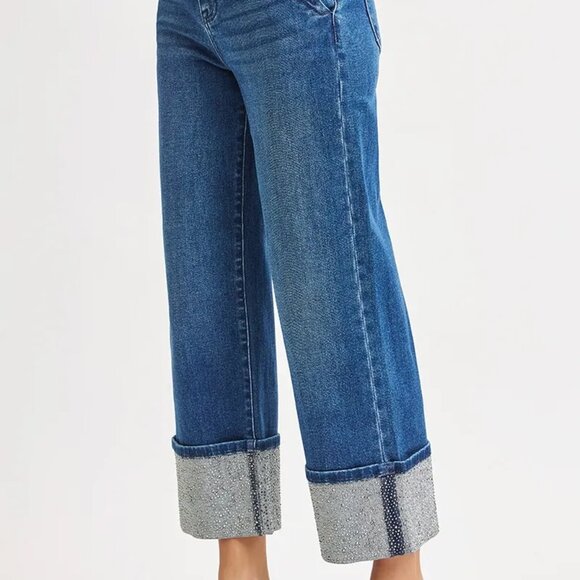 RISEN High Rise Ankle Wide Rhine Stone Cuffed‎ Jeans - Picture 4 of 7
